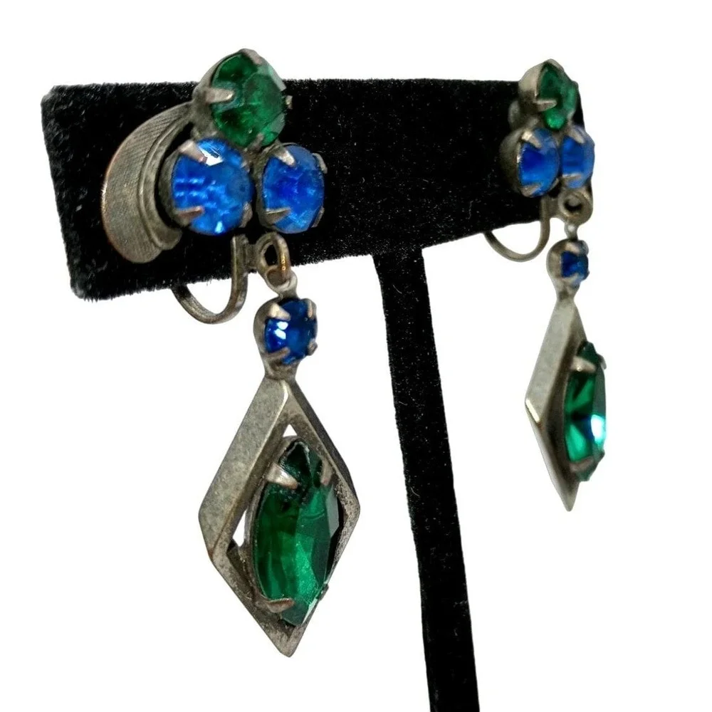 Vintage Rhinestone Dangle Earrings Blue Green Drop Clip-On‎ Jewelry